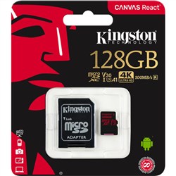 Kingston Canvas React 128GB 100mb-s 4K microSDXC