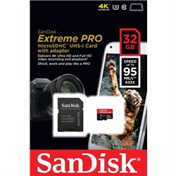 Sandisk 32GB Extreme Pro MicroSD 95MB/s UHS-I/U3 Micro SDHC with SD Adaptor