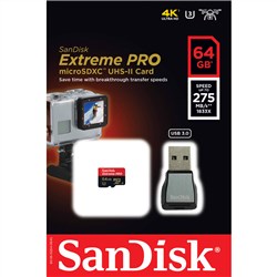 SanDisk 64GB Extreme PRO microSDXC 275MB/sec UHS-II with USB 3.0 Card Reader Adapter